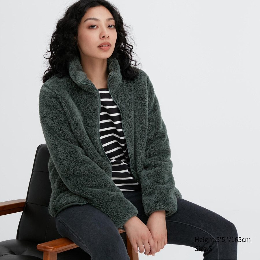 uniqlo fluffy fleece jackor med dragkedja dam mörkgrön