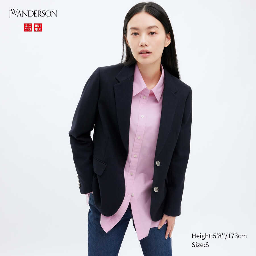 marinblå uniqlo enkelknäppta jackor för damer