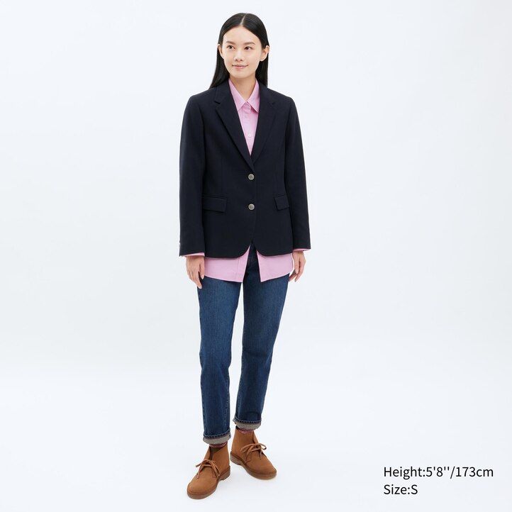 marinblå uniqlo enkelknäppta jackor för damer