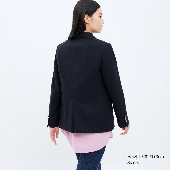 marinblå uniqlo enkelknäppta jackor för damer