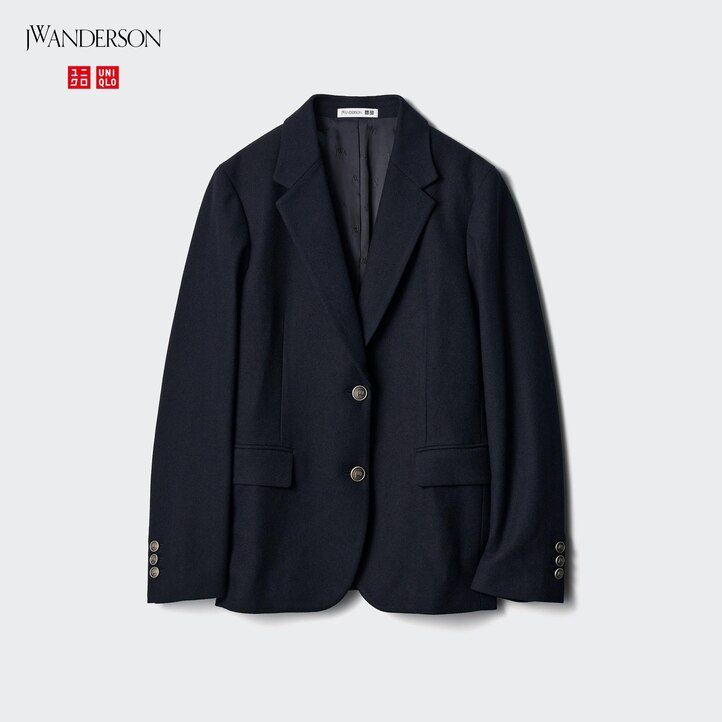marinblå uniqlo enkelknäppta jackor för damer