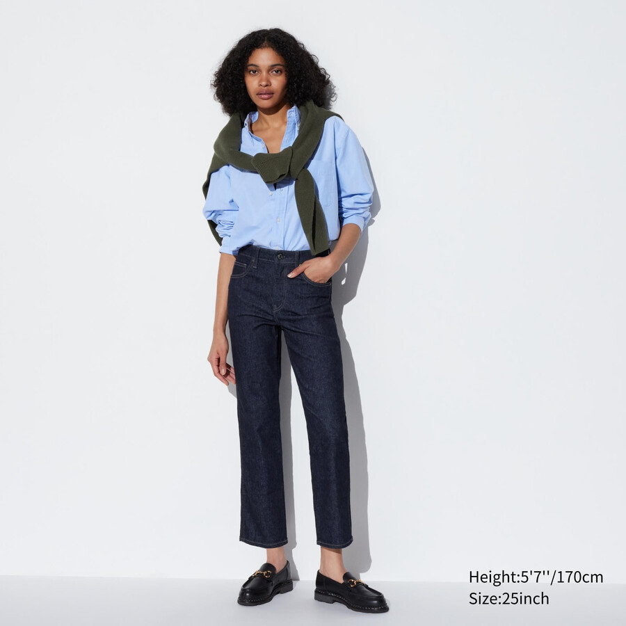 dam uniqlo slim fit raka ben ankellånga jeans marinblå