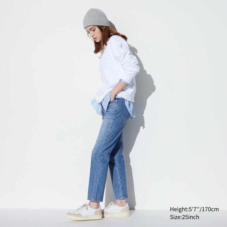 dam uniqlo slim fit raka ben ankellånga jeans marinblå
