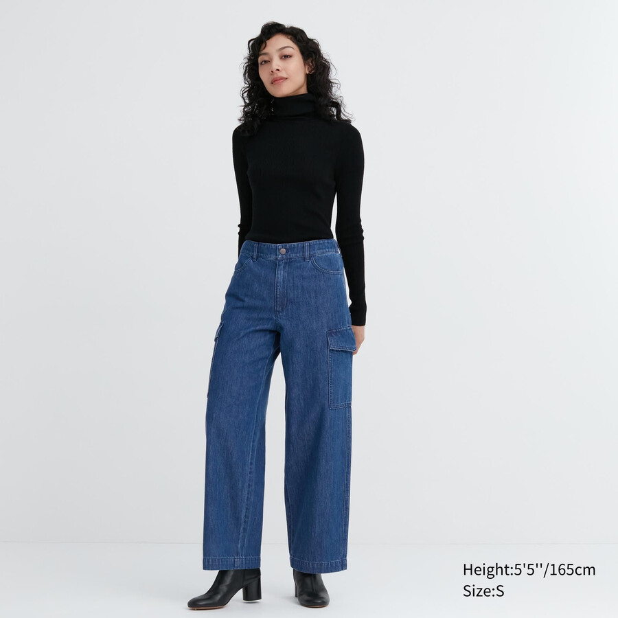 uniqlo denim wide legrgo damjeans blå