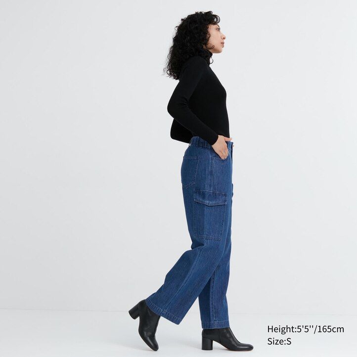 uniqlo denim wide legrgo damjeans blå