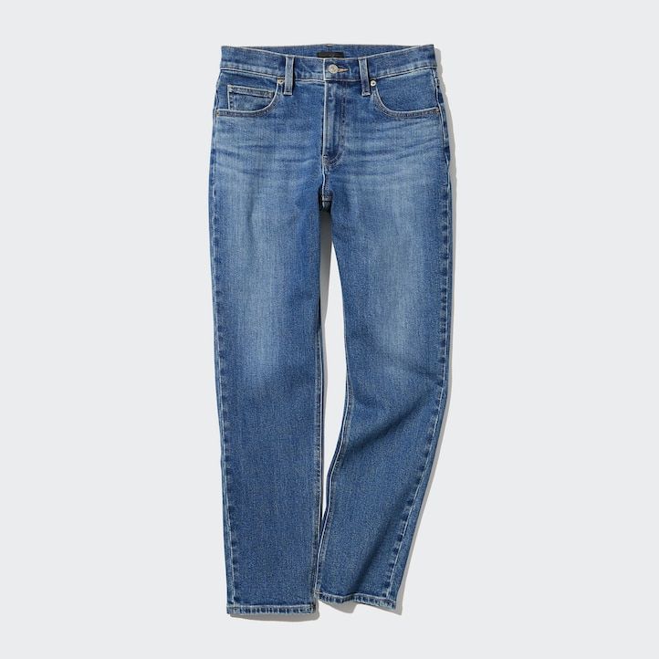 grå uniqlo slim fit raka jeans för kvinnor