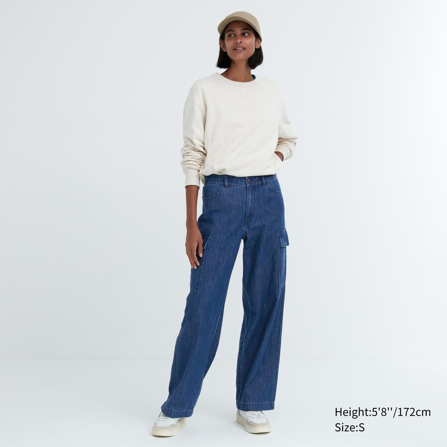 uniqlo denim wide straight legrgo damjeans blå