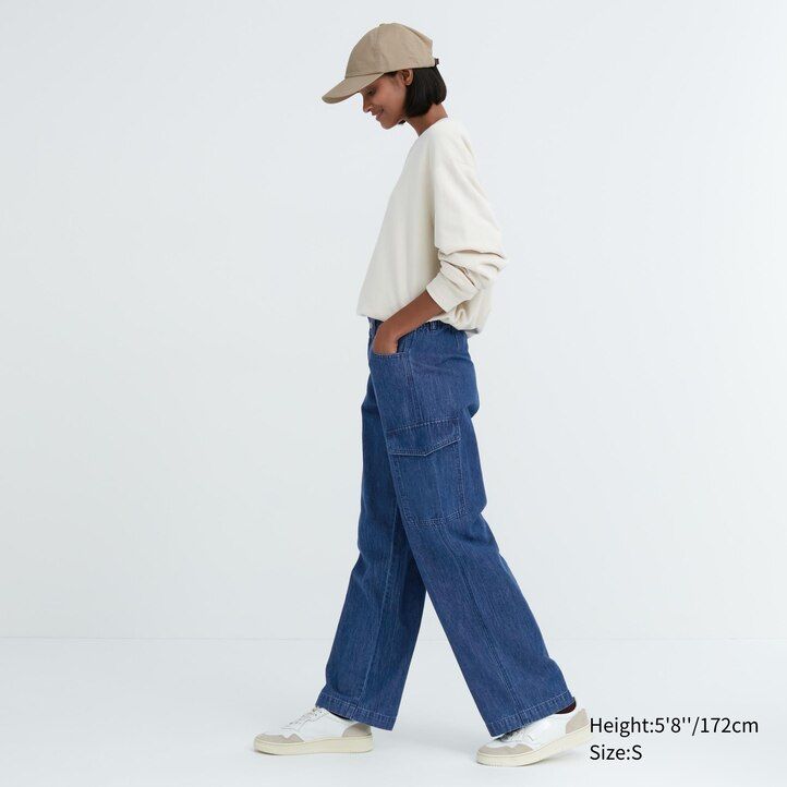 uniqlo denim wide straight legrgo damjeans blå