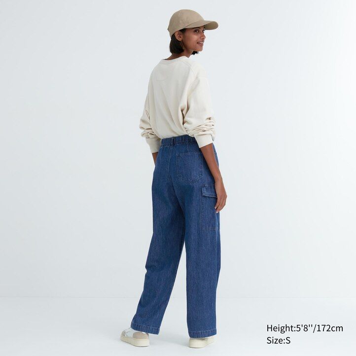 uniqlo denim wide straight legrgo damjeans blå