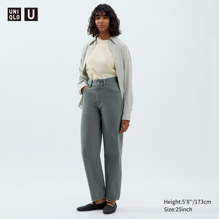 olivgröna uniqlo böjda jeans för kvinnor