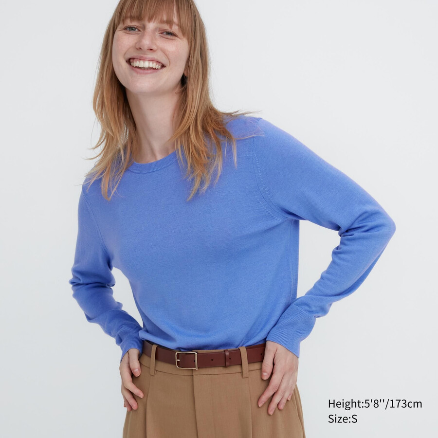 uniqlo 100 extra fin merinoullströja med rund hals blå för damer