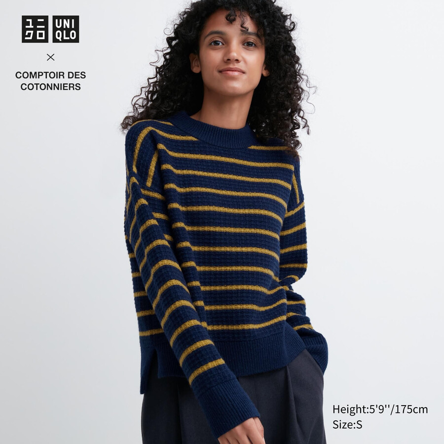 uniqlo randiga lammullströjor för kvinnor i marinblått