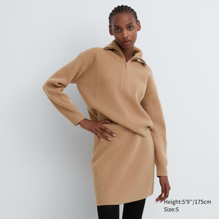 beige uniqlo premium lammullsministröjor för dam