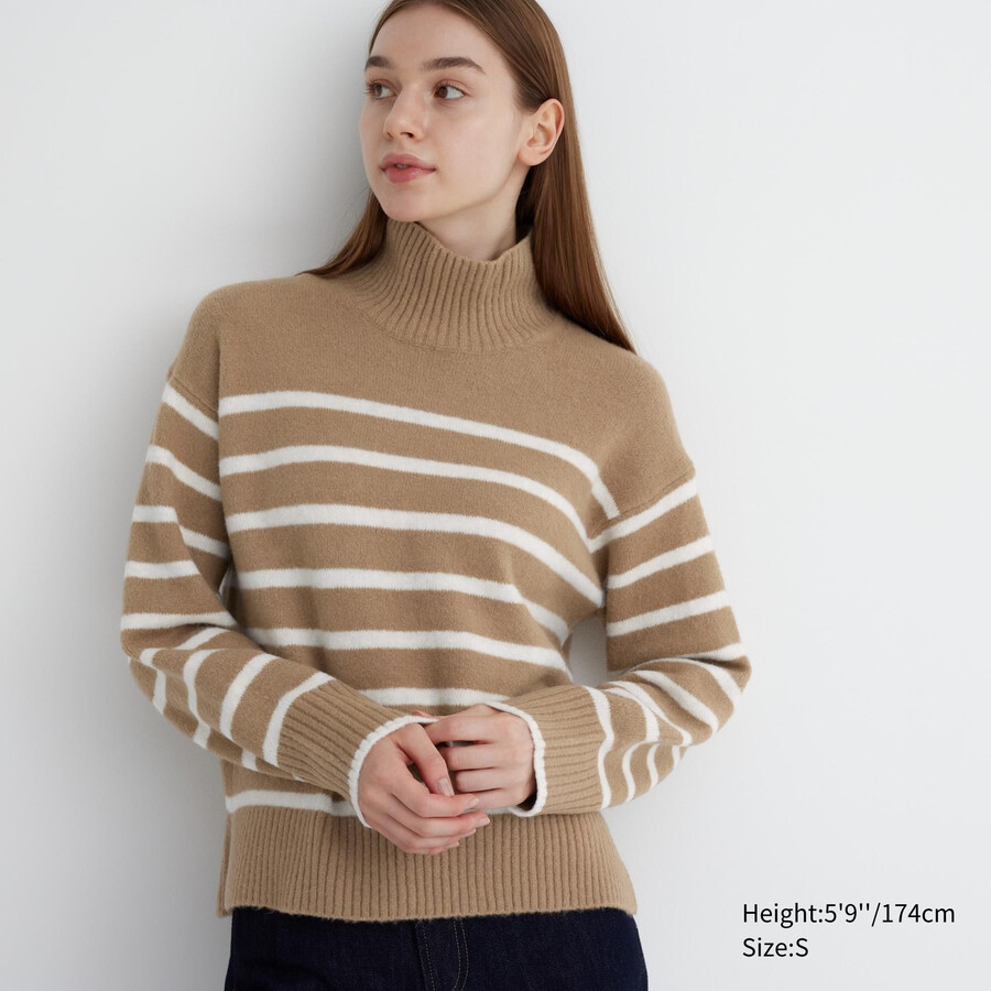 uniqlo souffle garn randiga höghalsade tröjor beige dam