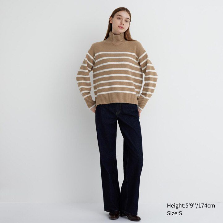 uniqlo souffle garn randiga höghalsade tröjor beige dam