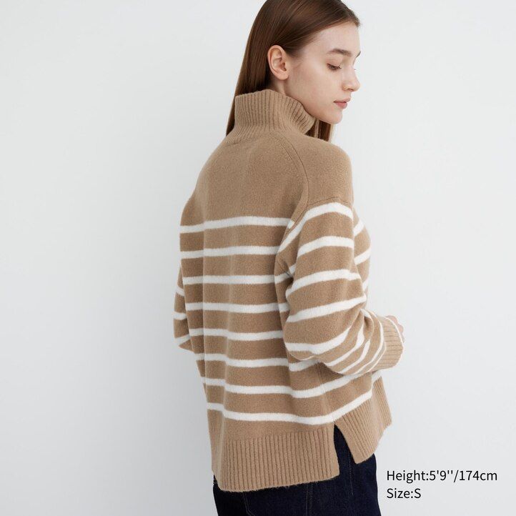 uniqlo souffle garn randiga höghalsade tröjor beige dam
