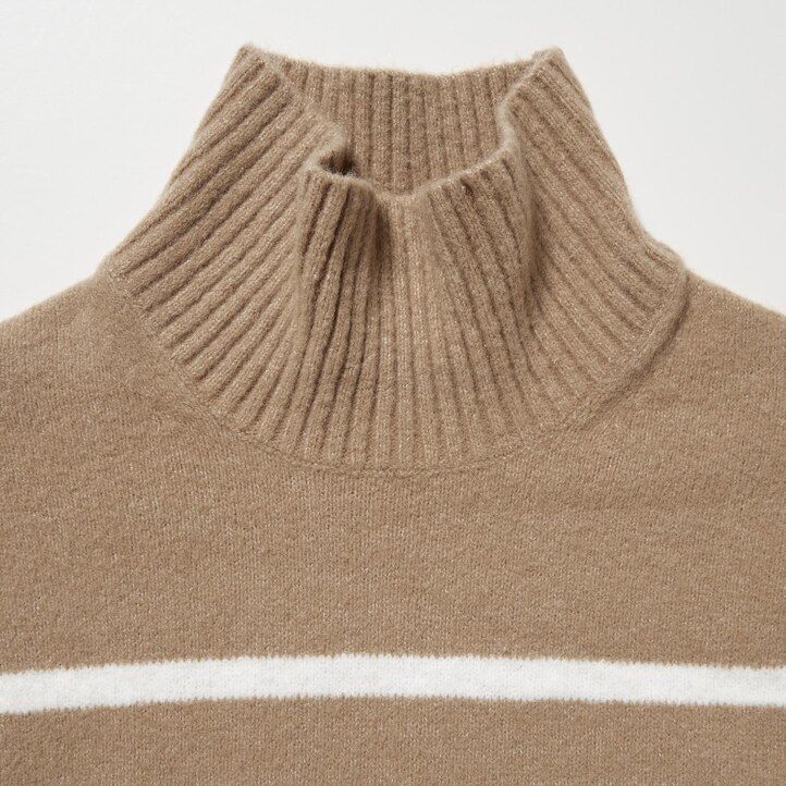 uniqlo souffle garn randiga höghalsade tröjor beige dam