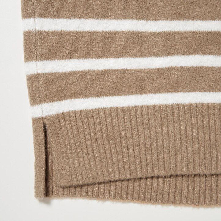uniqlo souffle garn randiga höghalsade tröjor beige dam