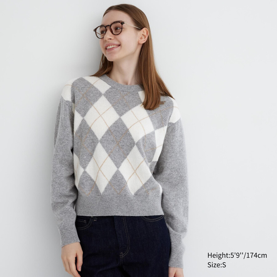 uniqlo premium lammullströjor med argyle-krage för kvinnor ljusgrå