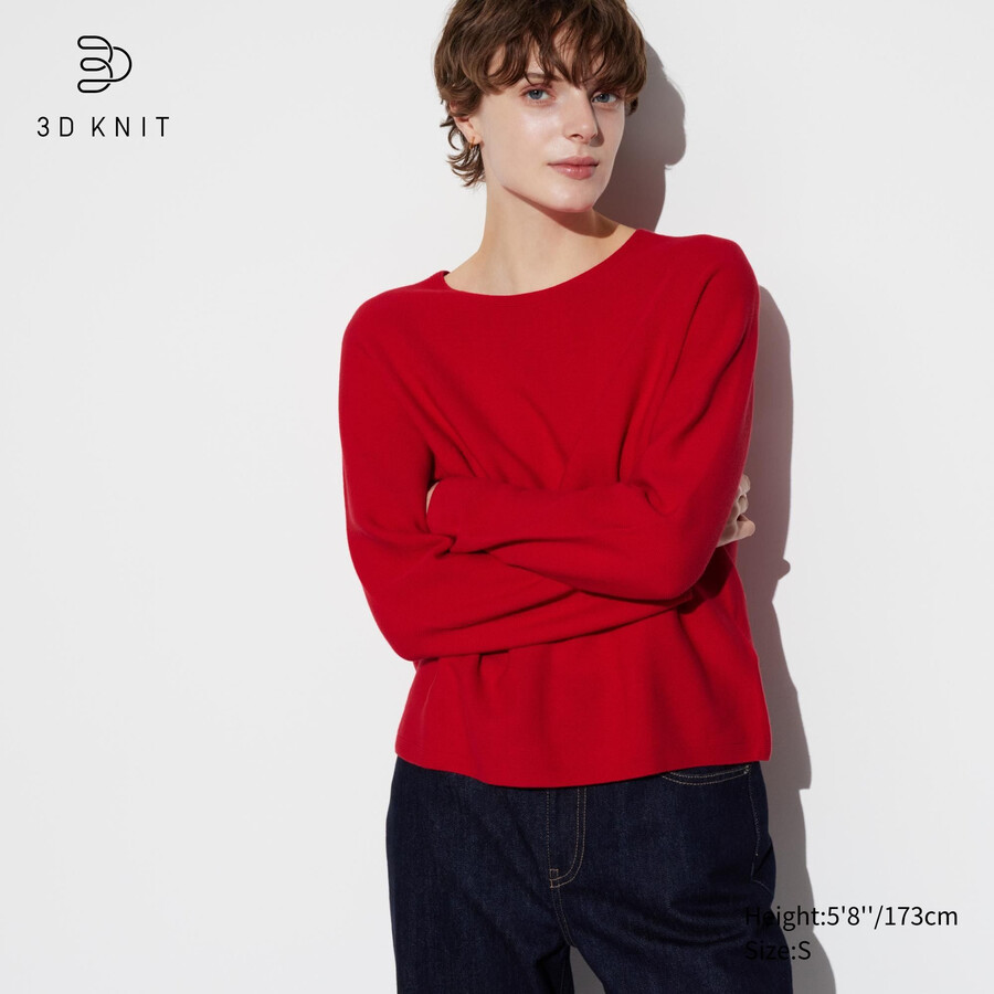 uniqlo 3d knit seamless cotton rund hals damtröjor röda