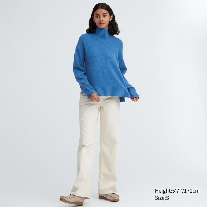 gröna uniqlo souffle garn tröjor med hög hals för damer