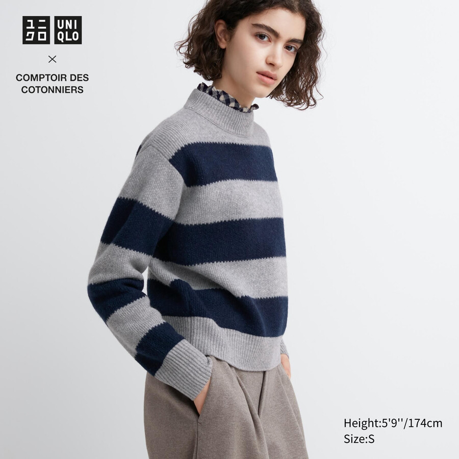 uniqlo randiga lammullströjor för dam grå