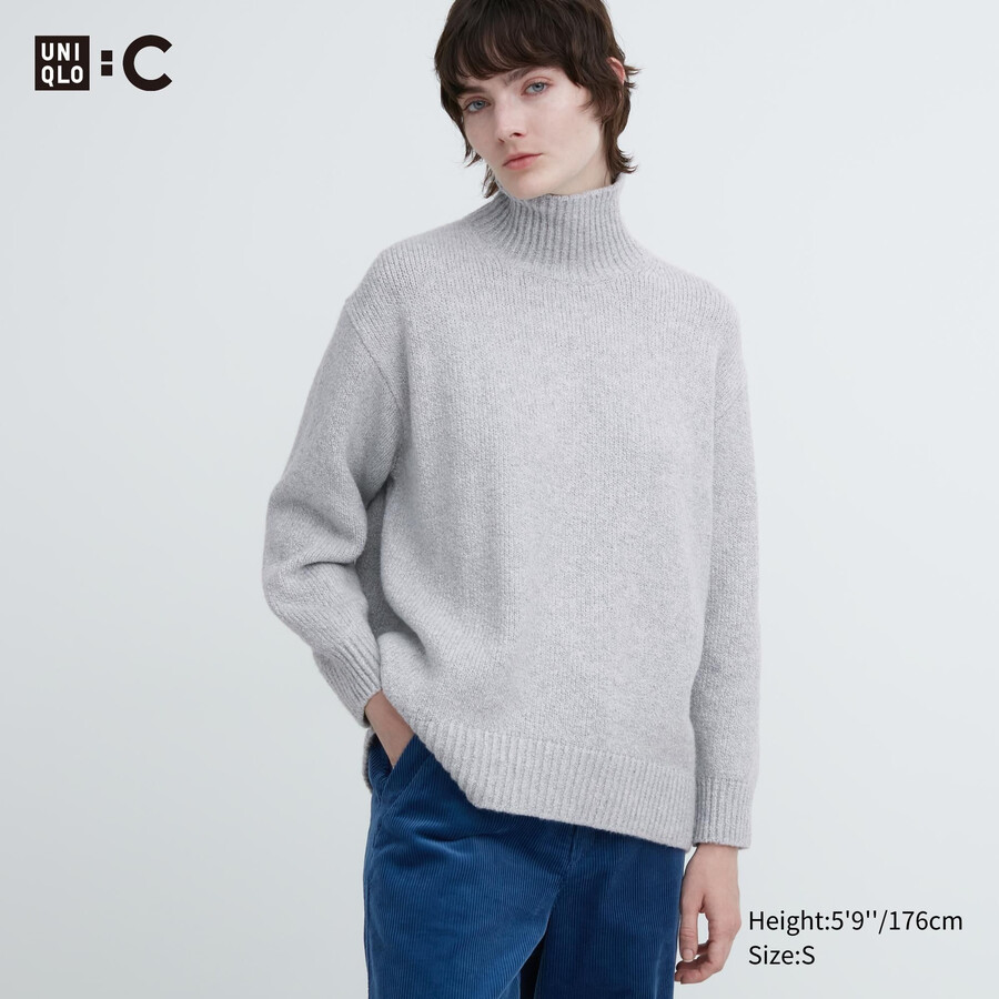 uniqlo mjukstickad tröja med hög hals ljusgrå för kvinnor