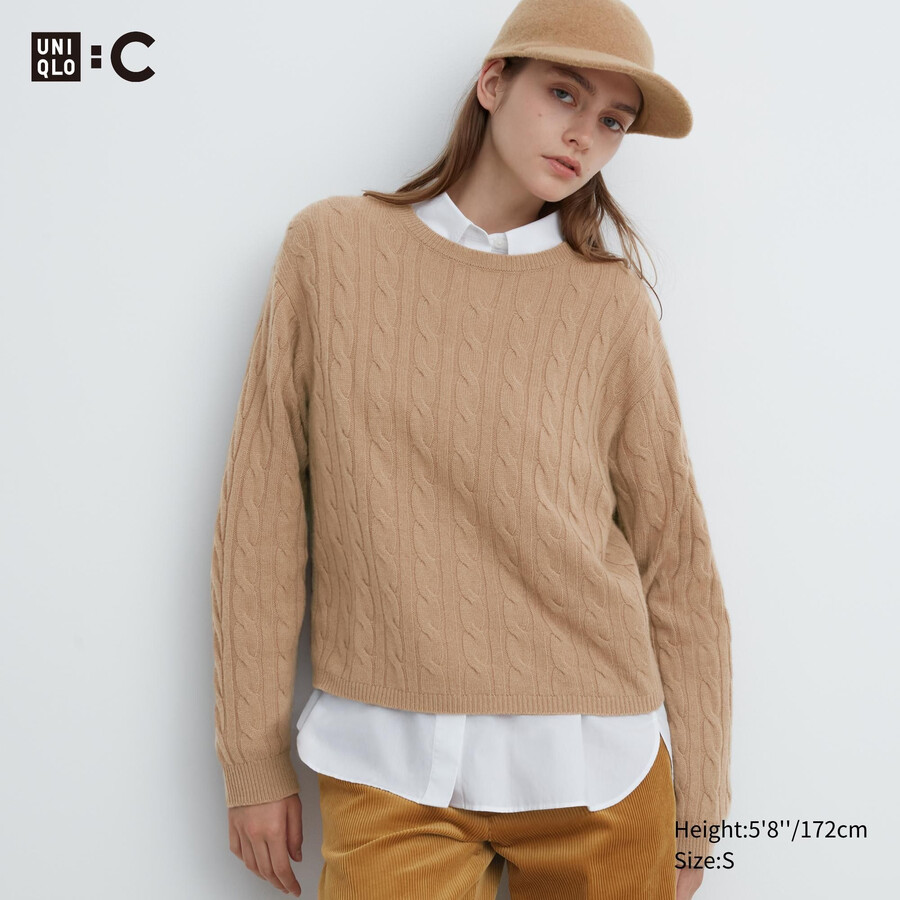 beige uniqlo 100 stickad rundhalsad damtröja med kort passform