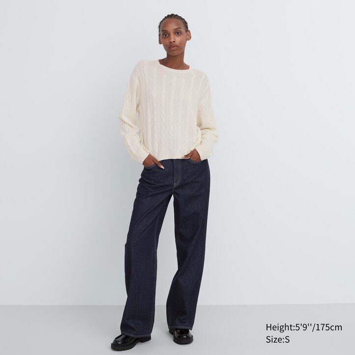 beige uniqlo 100 stickad rundhalsad damtröja med kort passform