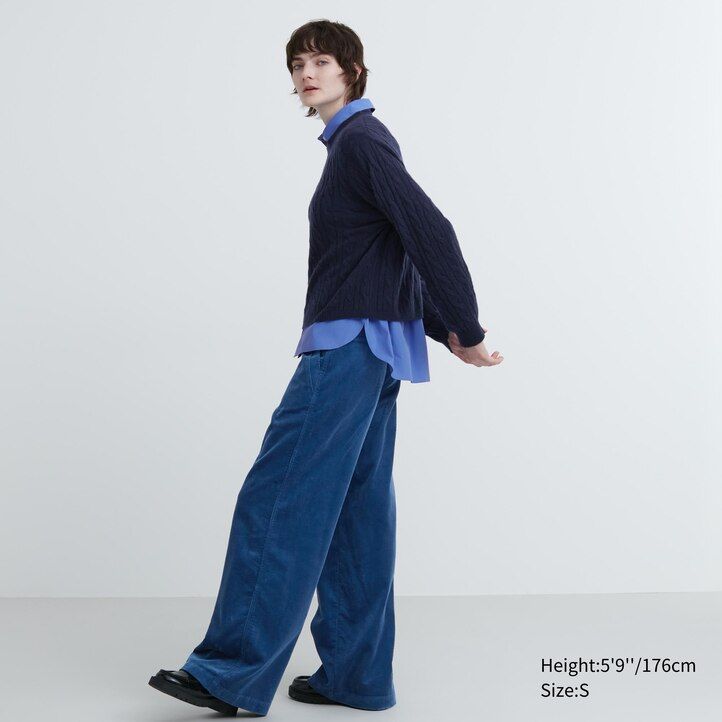 beige uniqlo 100 stickad rundhalsad damtröja med kort passform