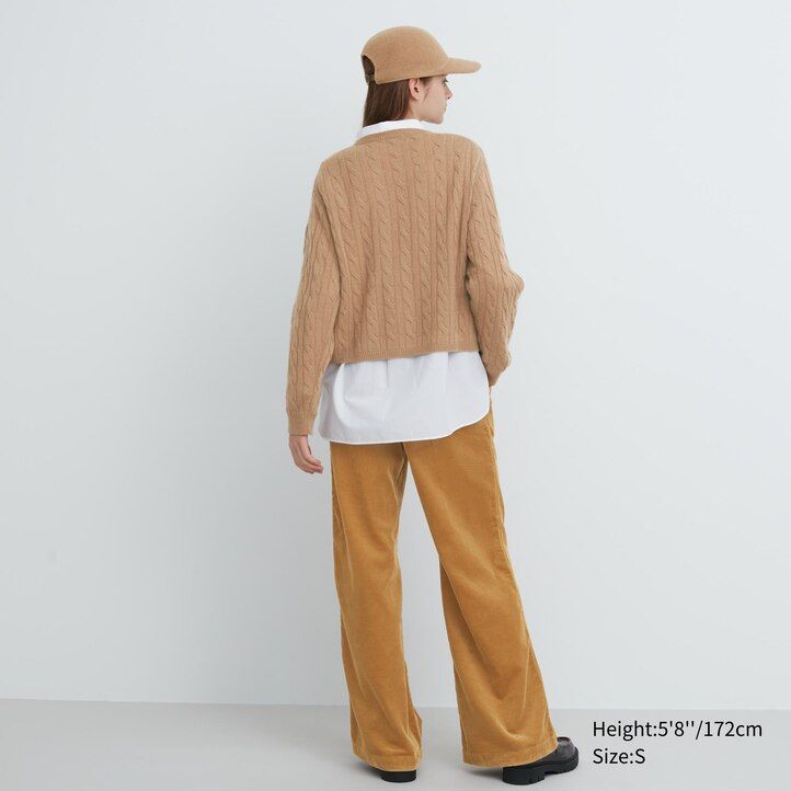 beige uniqlo 100 stickad rundhalsad damtröja med kort passform
