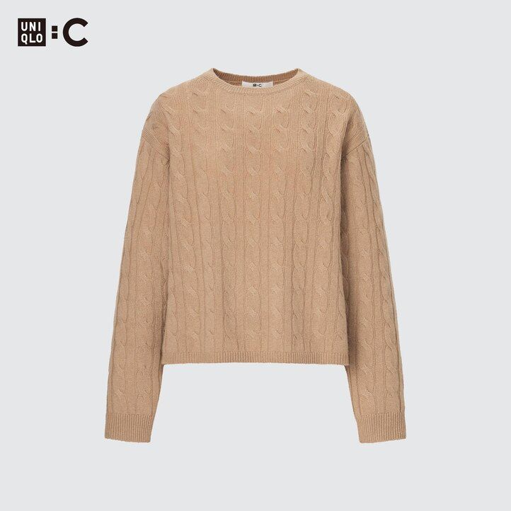 beige uniqlo 100 stickad rundhalsad damtröja med kort passform