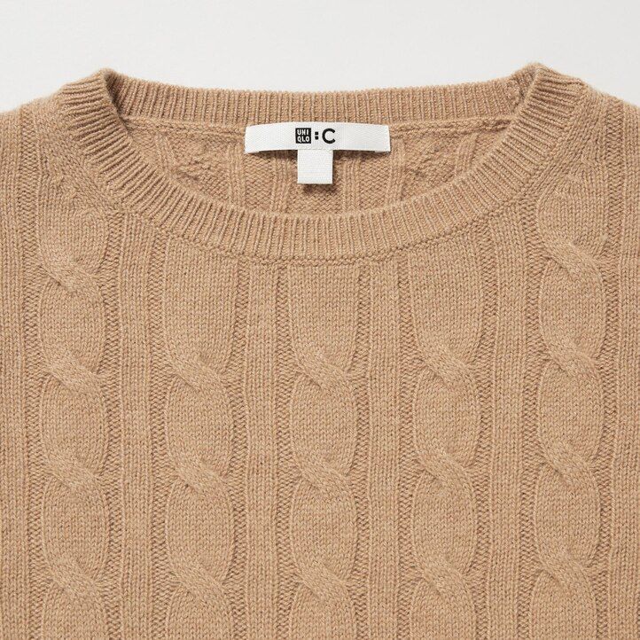 beige uniqlo 100 stickad rundhalsad damtröja med kort passform