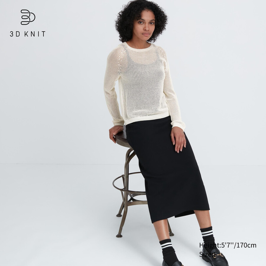 dam uniqlo 3d knit seamless mesh rundringad tröja vita