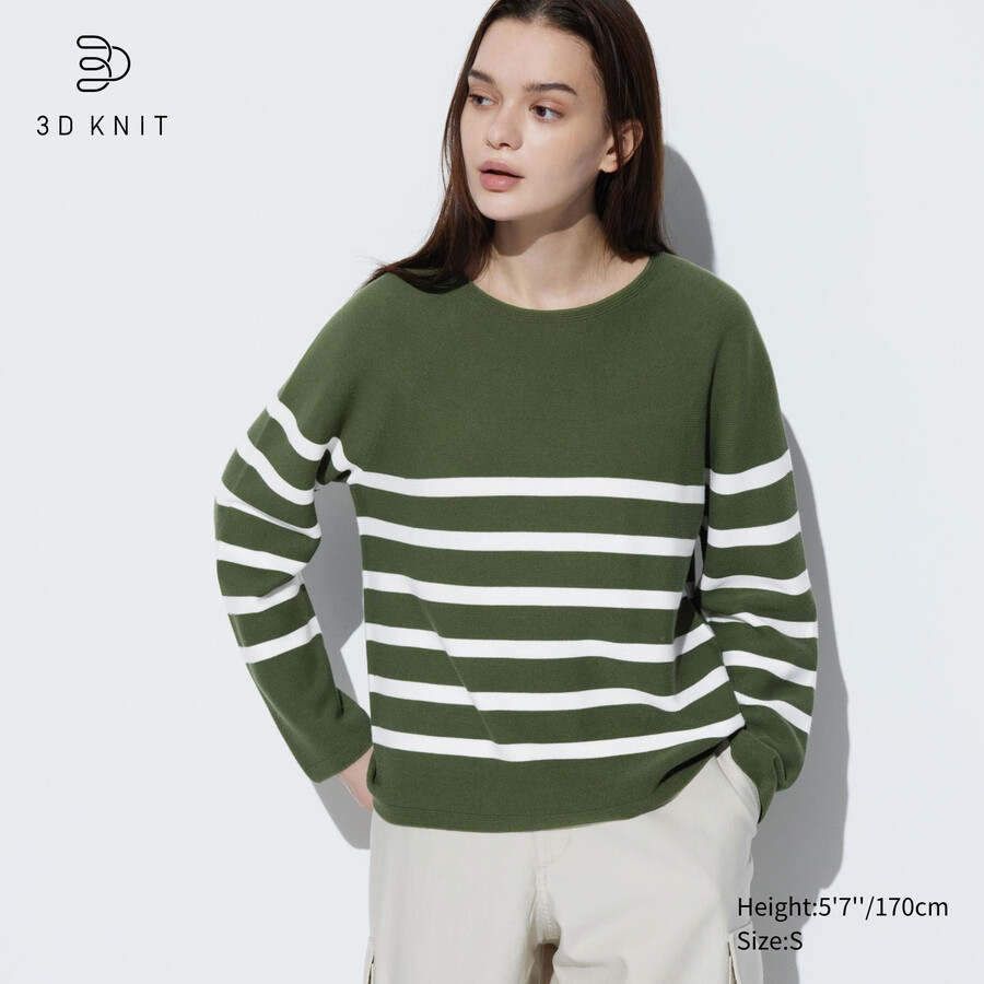 olivgrön uniqlo 3d stickad sömlös bomull randig rund hals damtröja
