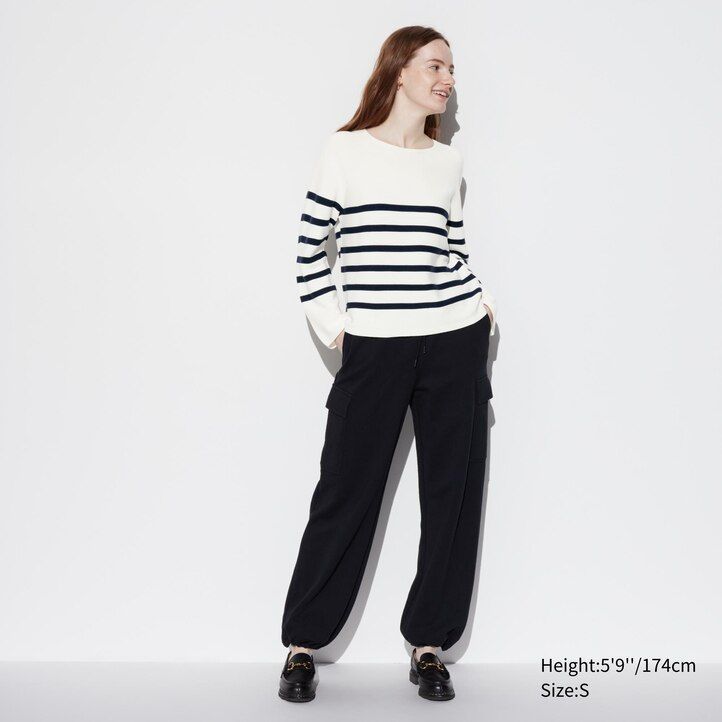 olivgrön uniqlo 3d stickad sömlös bomull randig rund hals damtröja