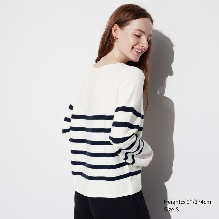 olivgrön uniqlo 3d stickad sömlös bomull randig rund hals damtröja