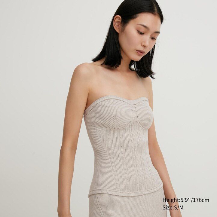 beige uniqlo 3d stickad sömlös soufflégarn ribbad bustier damtröjor
