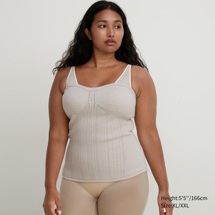 beige uniqlo 3d stickad sömlös soufflégarn ribbad bustier damtröjor