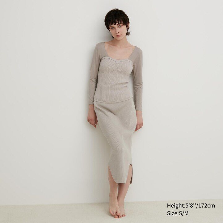 beige uniqlo 3d stickad sömlös soufflégarn ribbad bustier damtröjor