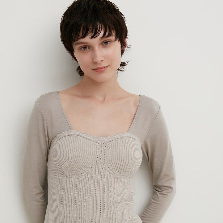 beige uniqlo 3d stickad sömlös soufflégarn ribbad bustier damtröjor