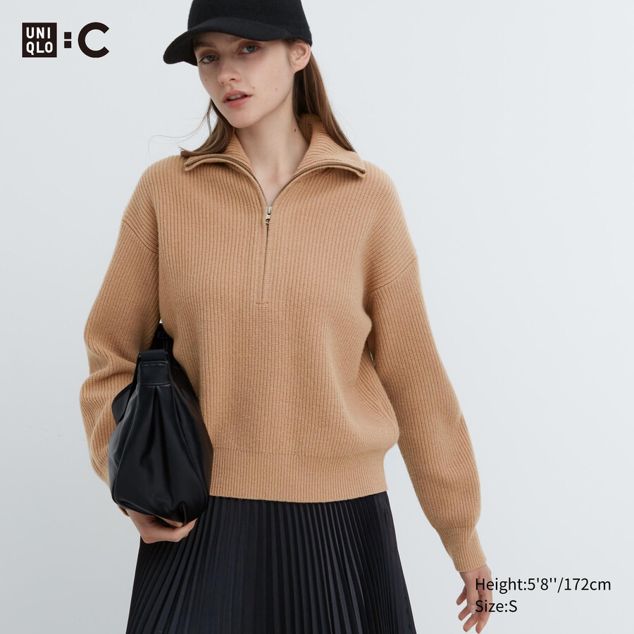 uniqlo premium lammullströjor med halv dragkedja för dam beige