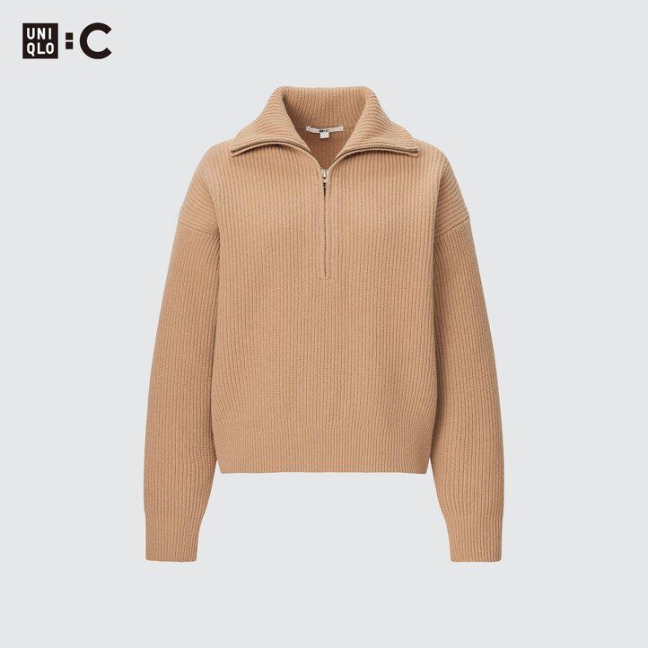 uniqlo premium lammullströjor med halv dragkedja för dam beige