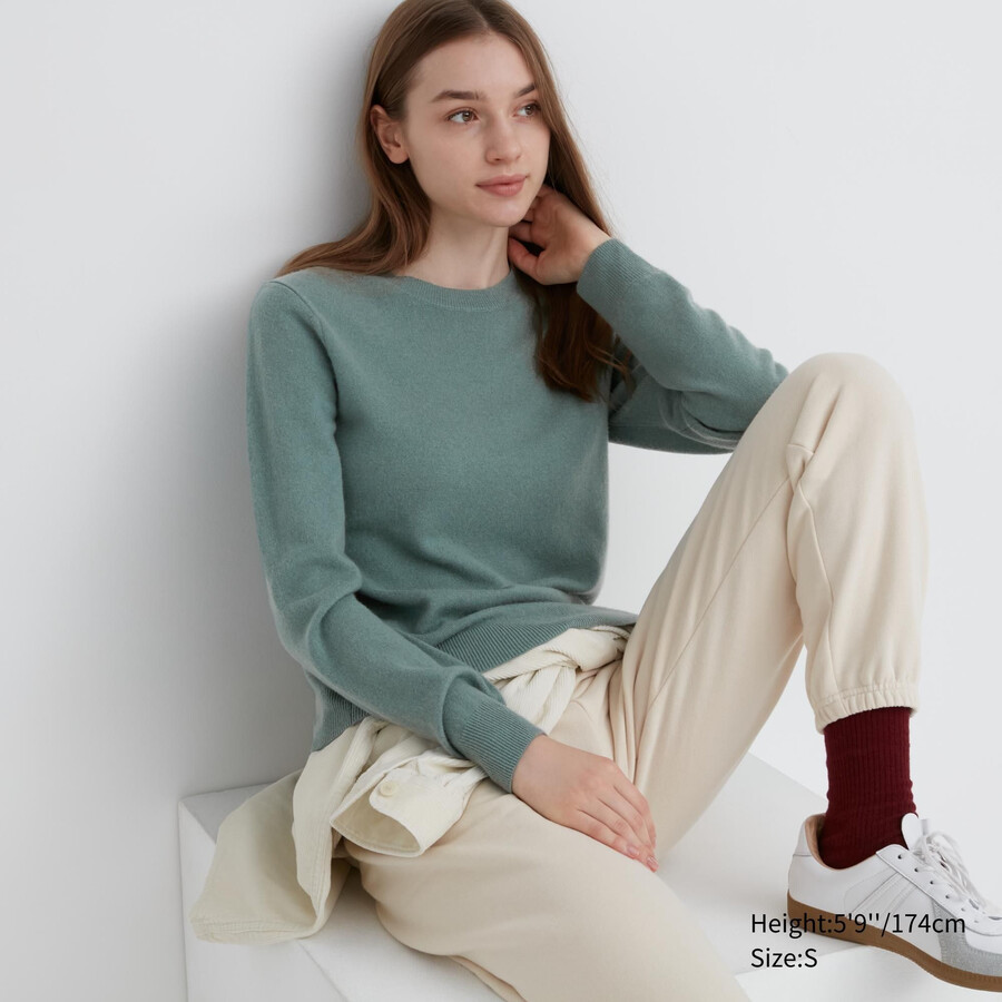 gröna uniqlo 100 shmere rundhalsade tröjor för damer
