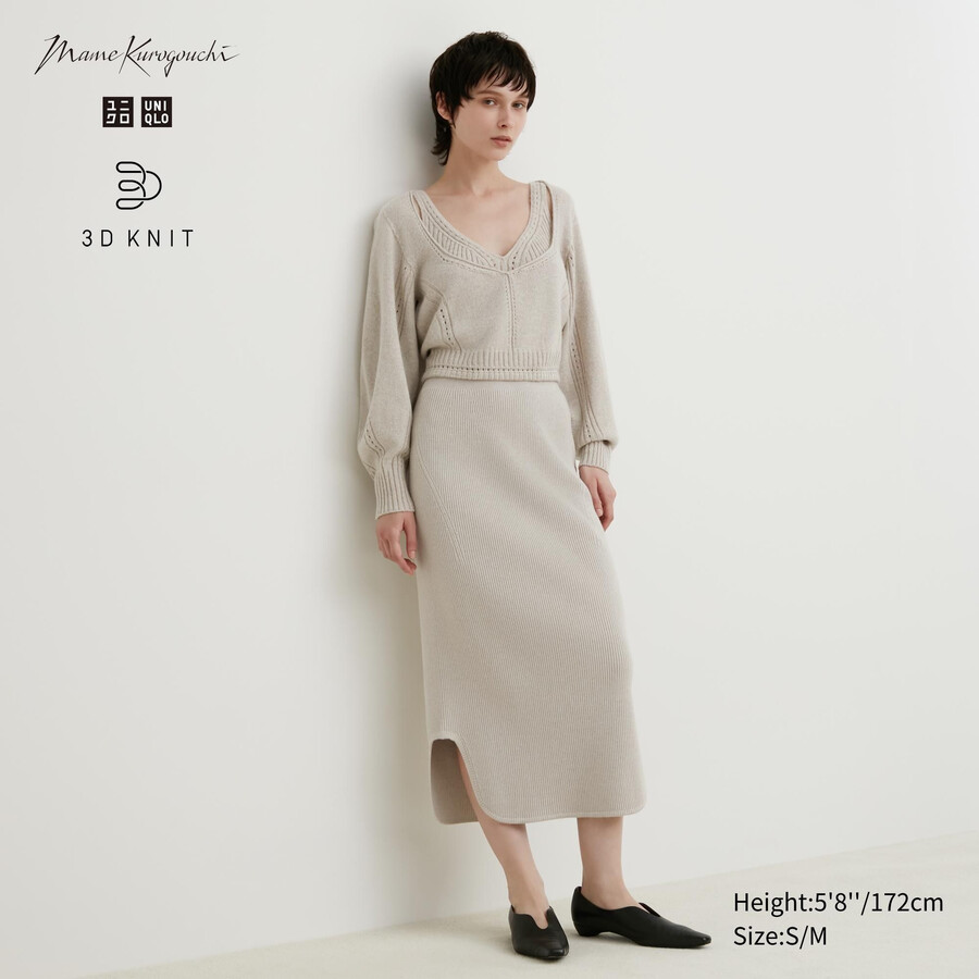uniqlo 3d knit seamless souffle garn ribbade damkjolar beige