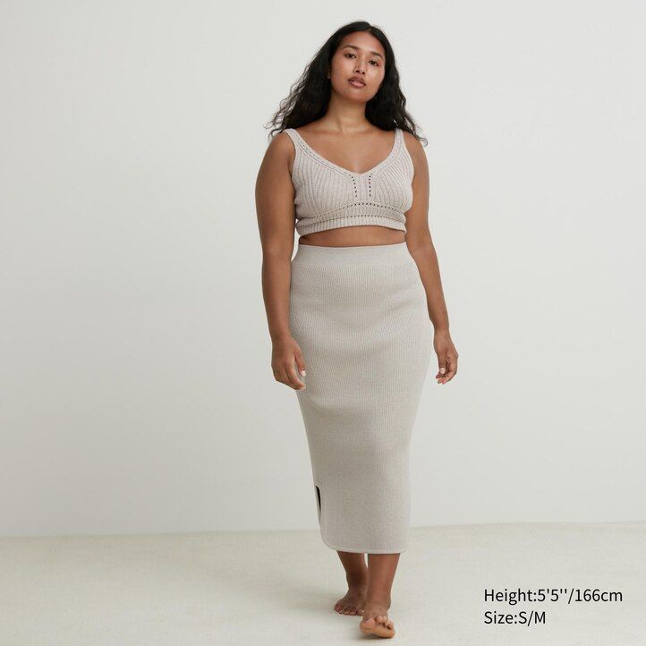 uniqlo 3d knit seamless souffle garn ribbade damkjolar beige