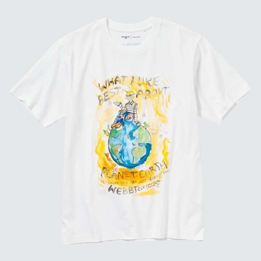vita uniqlo peace for all graphic francesco risso t-shirts för kvinnor