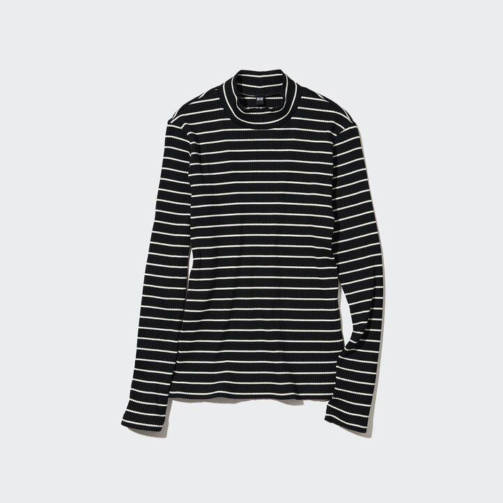 svarta uniqlo ribbade randiga t-shirts med hög halsringning för kvinnor