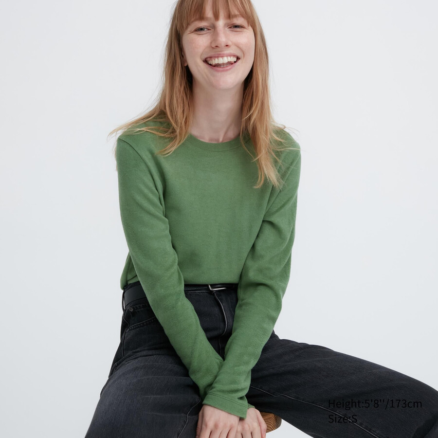 gröna uniqlo heattech fleece rundringad termo-t-shirts för dam