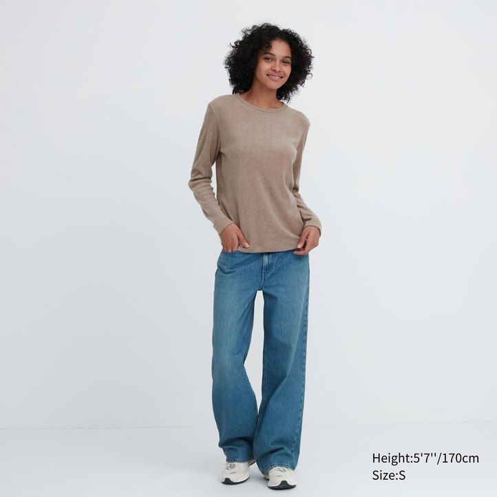 gröna uniqlo heattech fleece rundringad termo-t-shirts för dam